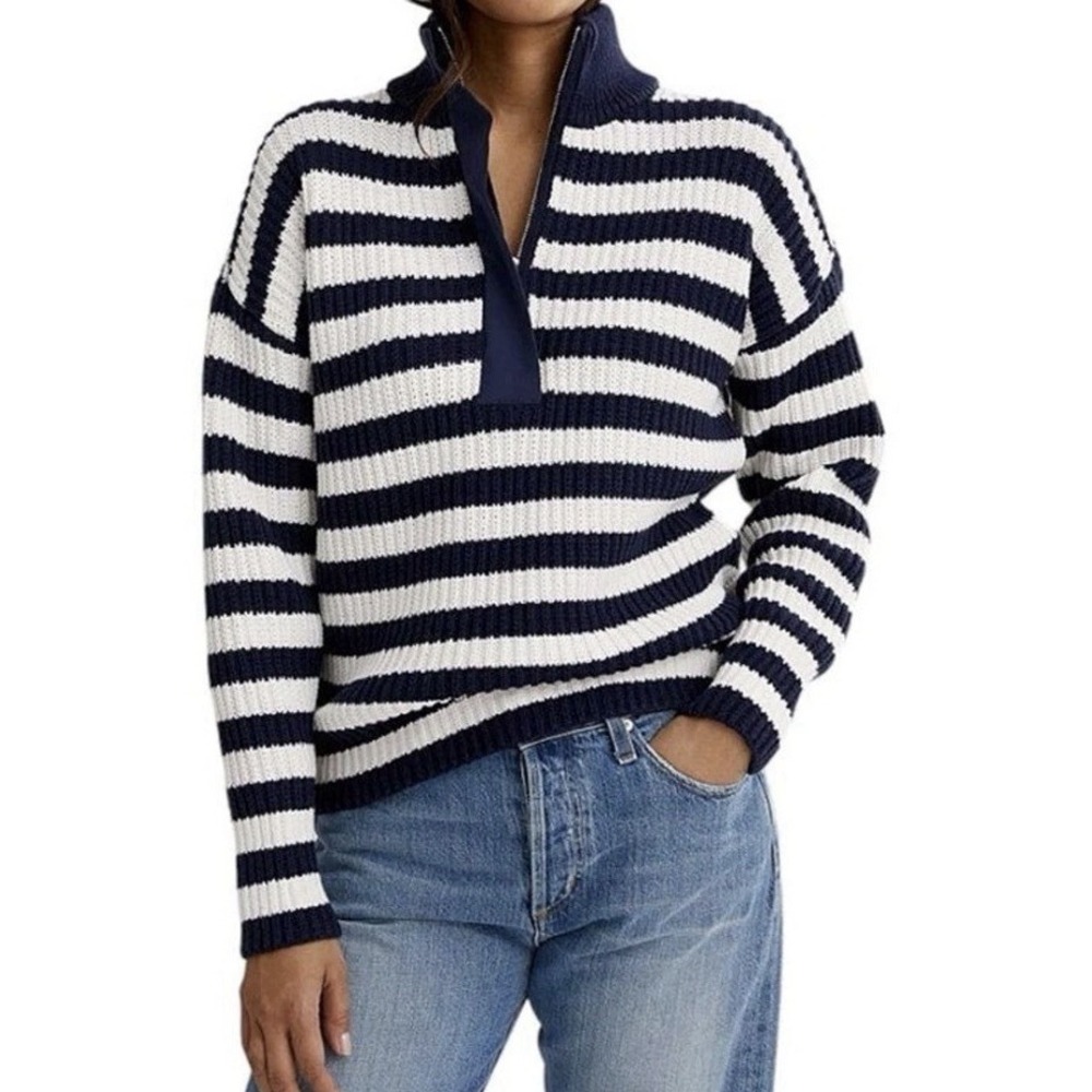 Outerknown Montauk Sweater‎ White Blue Half-Zip Mock Neck Medium Preppy